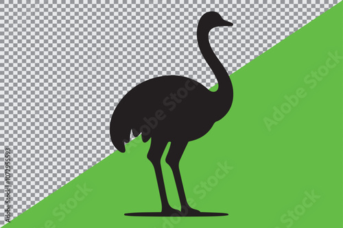 A black silhouette of an ostrich standing in profile