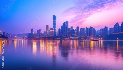 Cityscape at Sunset with Reflections in Water