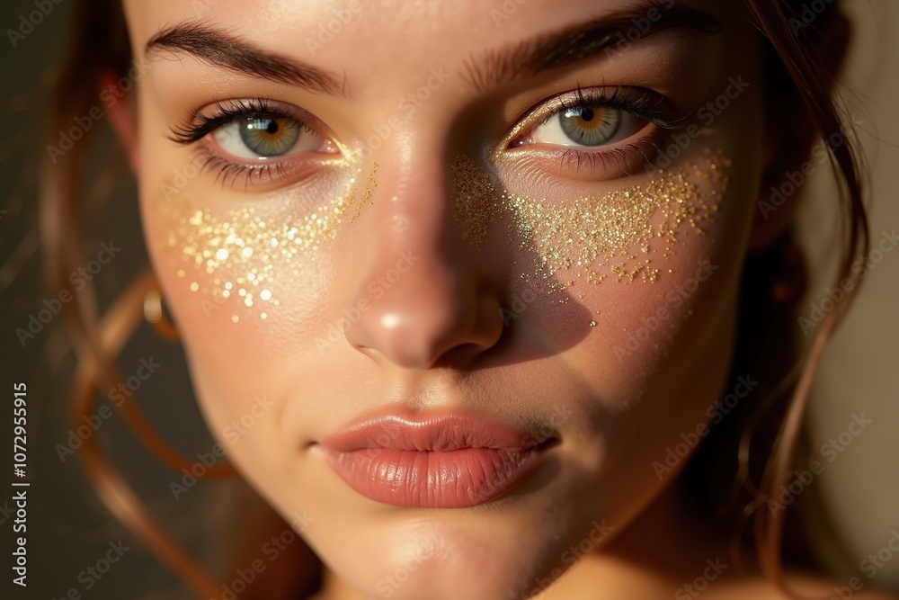 Close-up portrait of woman with glitter makeup and green eyes in natural light Close-up portrait of woman with glitter makeup and green eyes in natural light