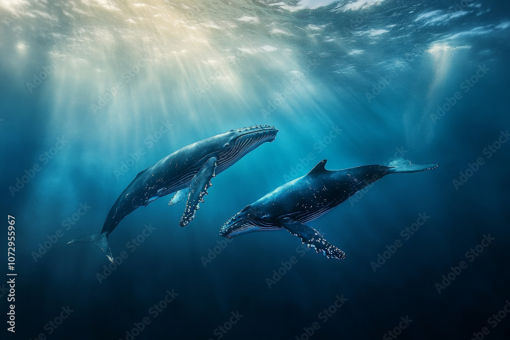 A pair of humpback whales swimming in the deep blue ocean, with sunlight filtering through the water's surface, wide-angle lens, super-detailed. A pair of humpback whales swimming in the deep blue ocean, with sunlight filtering through the water's surface, wide-angle lens, super-detailed.