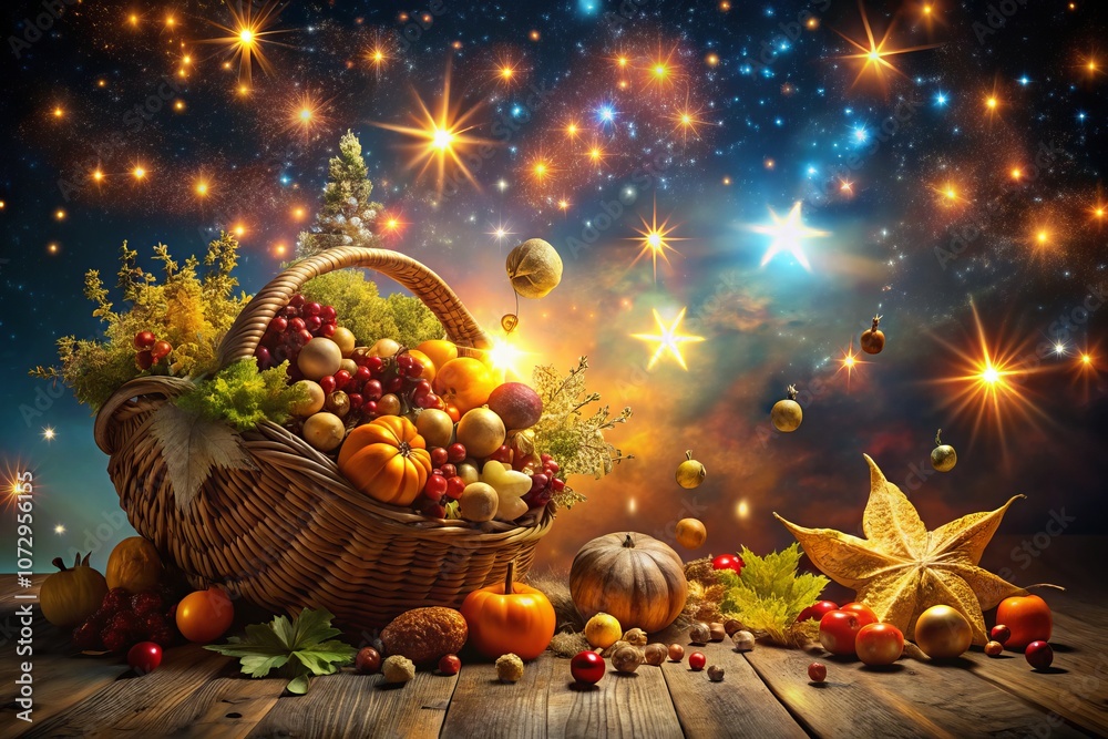 A Glorious Night Scene of a Cornucopia Overflowing with Symbols of Wealth and Success, Illuminated by Stars and Soft Lights, Symbolizing Prosperity and Abundance in a Magical Atmosphere A Glorious Night Scene of a Cornucopia Overflowing with Symbols of Wealth and Success, Illuminated by Stars and Soft Lights, Symbolizing Prosperity and Abundance in a Magical Atmosphere
