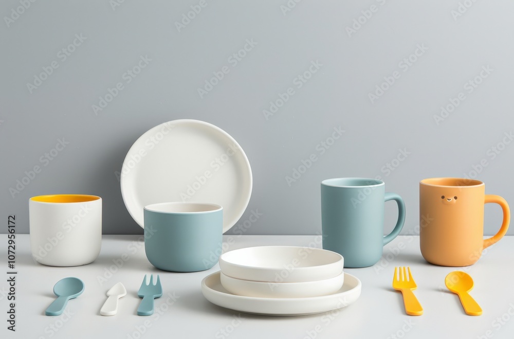 Fototapeta premium Colorful tableware set on a minimalist surface.