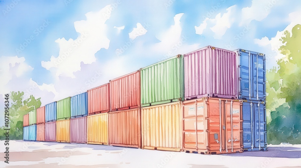Fototapeta premium Colorful stacked shipping containers under a blue sky.
