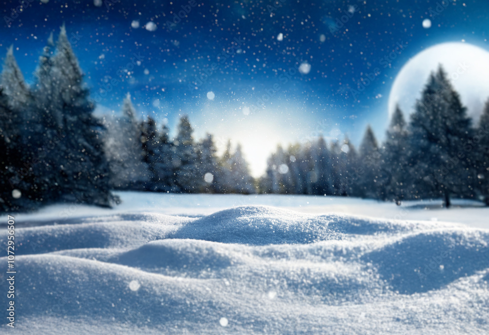 A snowy field with a line of fir trees in the distance, a bright full moon, and a blue sky with falling snow. A snowy field with a line of fir trees in the distance, a bright full moon, and a blue sky with falling snow.