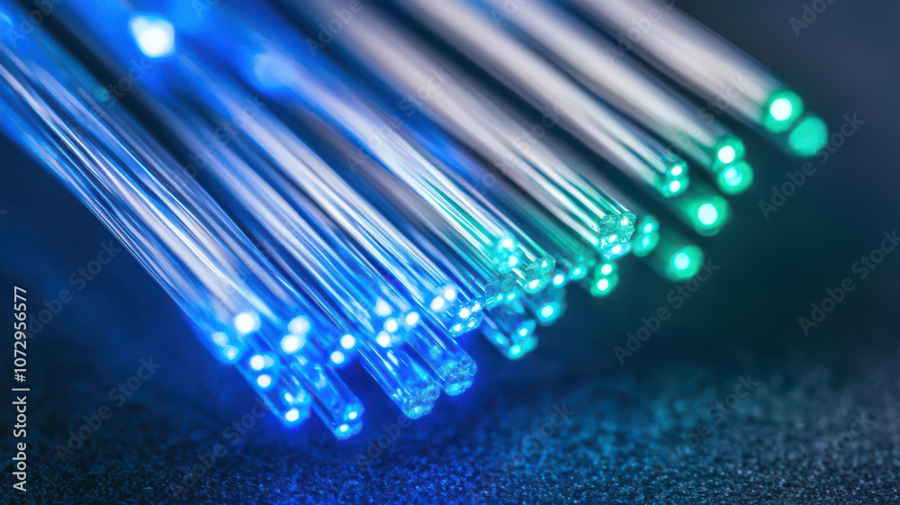 Closeup of fiber optic cable ends emitting blue and green lights, intense glow, technologyfocused ambiance Closeup of fiber optic cable ends emitting blue and green lights, intense glow, technologyfocused ambiance