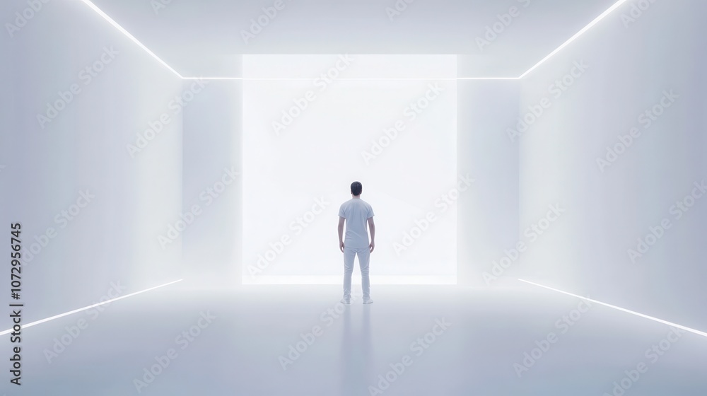 A man stands in a large, empty room with white walls A man stands in a large, empty room with white walls