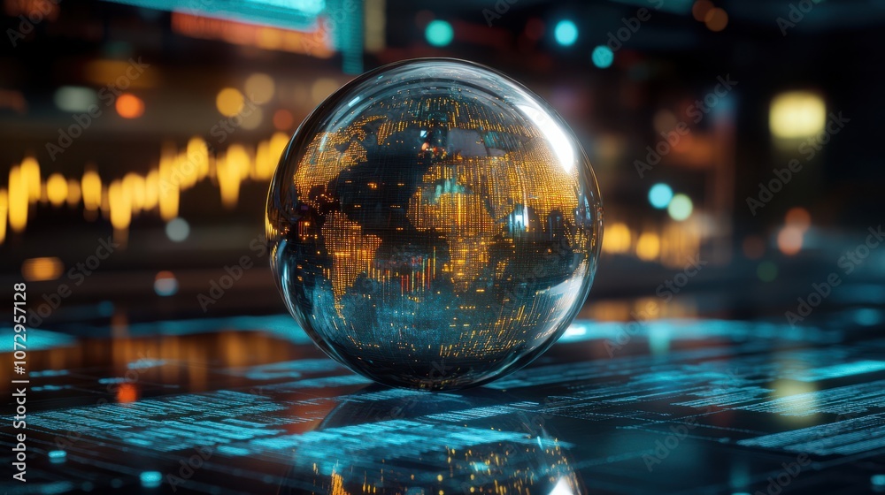 Conceptual image of a crystal ball with cryptocurrency market predictions and digital graphs inside, representing the speculative and predictive nature of the cryptocurrency market Conceptual image of a crystal ball with cryptocurrency market predictions and digital graphs inside, representing the speculative and predictive nature of the cryptocurrency market
