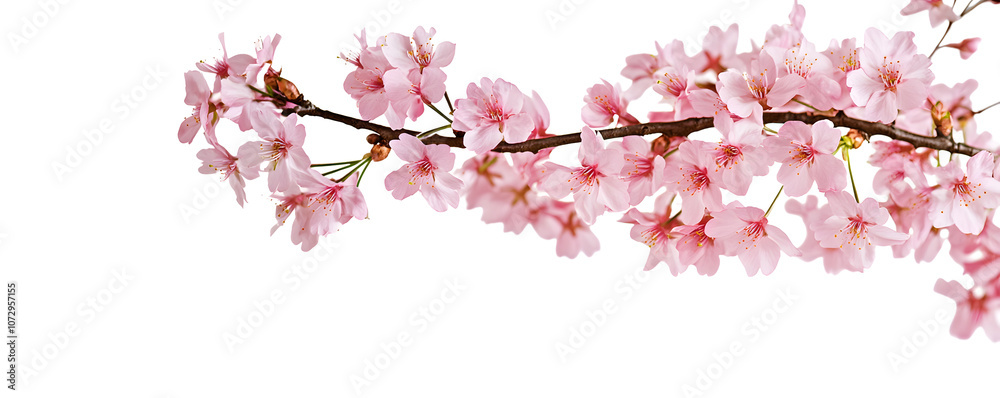 Obraz premium Pink spring cherry blossom flowers on a tree branch isolated against a flat background.