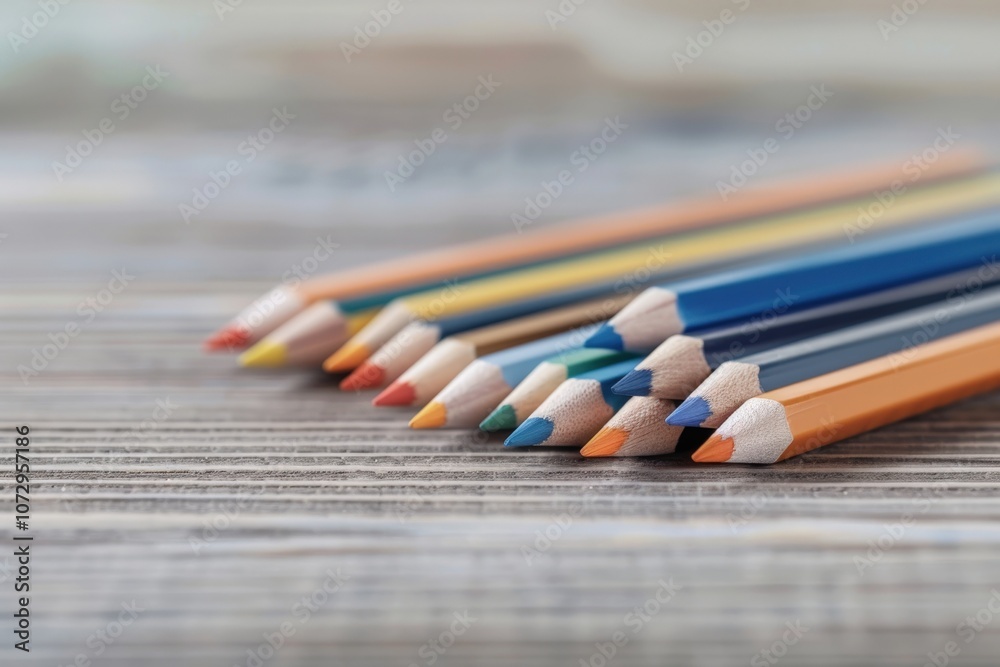 Colorful pencils arranged on a wooden surface. Colorful pencils arranged on a wooden surface.