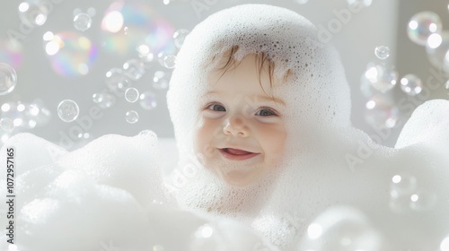 Adorable baby surrounded by bubbles in bathtub, shampoo foam on head, white background