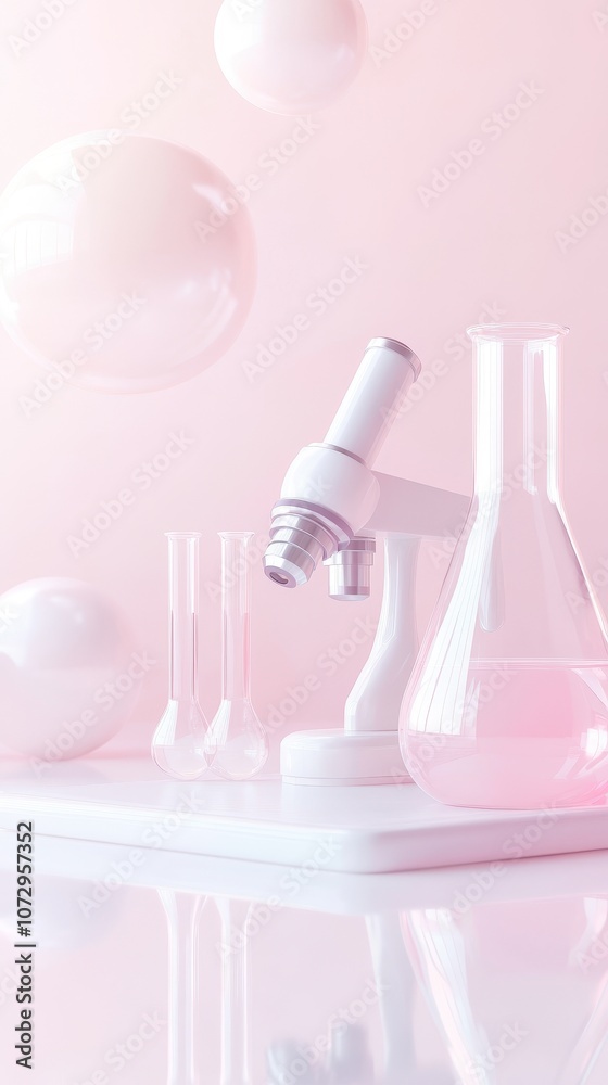 A white lab table with a microscope and three beakers of different sizes A white lab table with a microscope and three beakers of different sizes