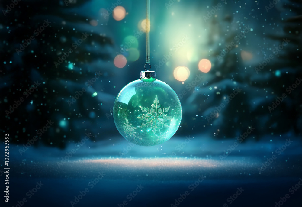 A crystal clear glass ornament with a snowflake inside hangs from a string, suspended over a snowy winter scene. A crystal clear glass ornament with a snowflake inside hangs from a string, suspended over a snowy winter scene.