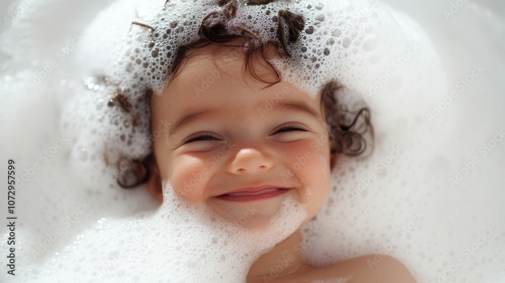 Adorable baby with shampoo bubbles, smiling in bathtub, isolated on white Adorable baby with shampoo bubbles, smiling in bathtub, isolated on white