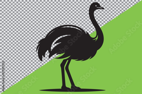 A black silhouette of an ostrich standing in profile