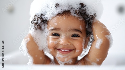 Adorable baby with shampoo bubbles, smiling in bathtub, isolated on white