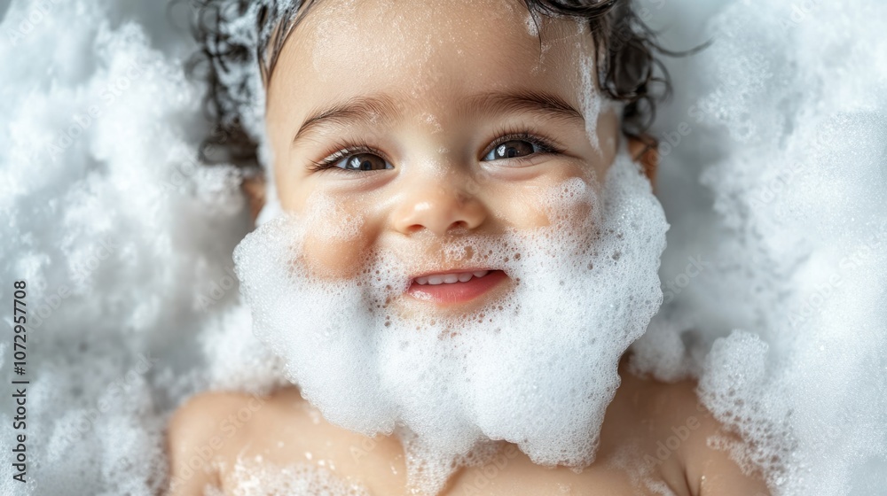 Baby playing with foam beard, cheerful in white tub, white background Baby playing with foam beard, cheerful in white tub, white background