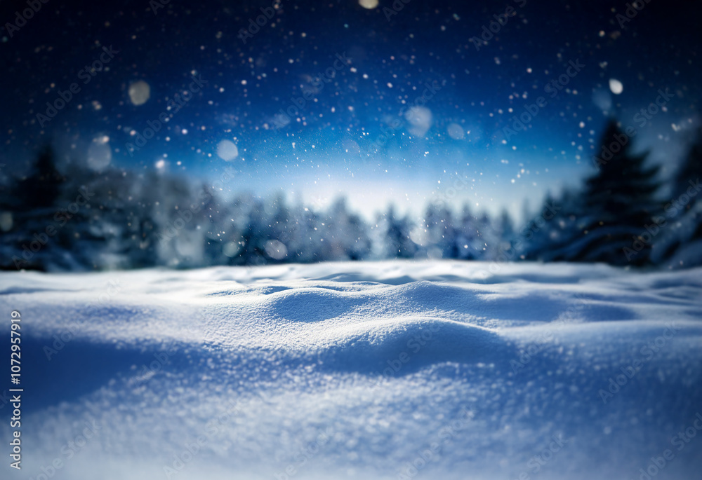 A snowy landscape with a forest in the background and a starry night sky. The snow is freshly fallen and pristine, with a soft, powdery texture. A snowy landscape with a forest in the background and a starry night sky. The snow is freshly fallen and pristine, with a soft, powdery texture.