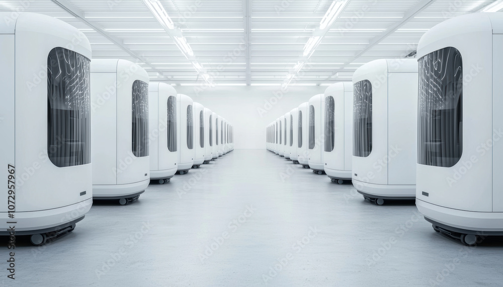 A sleek, modern facility filled with rows of white, high-tech machines, emphasizing a clean and organized environment for advanced operations. A sleek, modern facility filled with rows of white, high-tech machines, emphasizing a clean and organized environment for advanced operations.