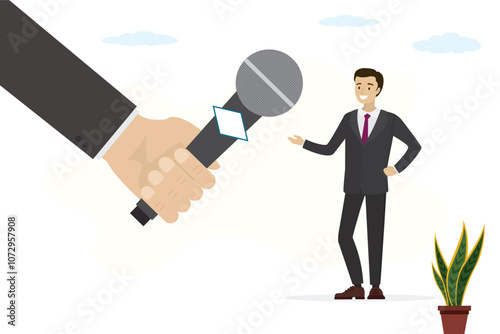 Giant microphone in reporter hand. Male politician or businessman talking with journalist. Media event, talk show, radio or political TV program, broadcasting