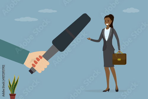 Giant microphone in reporter hand. Female politician or businesswoman talking with journalist. Media event, talk show, radio or political TV program, broadcasting
