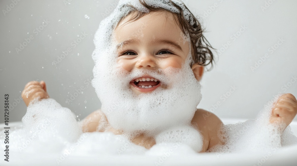 Baby with foam beard, cheerful expression, sitting in bathtub, white background Baby with foam beard, cheerful expression, sitting in bathtub, white background