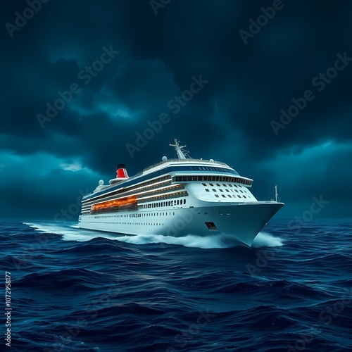 A cruise ship sailing in a stormy night at sea, with waves crashing against the ship's hull, dark clouds in sky