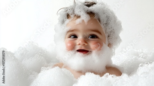 Baby with foam beard, cheerful expression, sitting in bathtub, white background photo