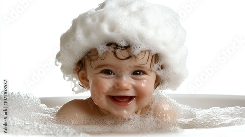 Baby with foam hat, joyful in white bathtub, isolated on white background photo