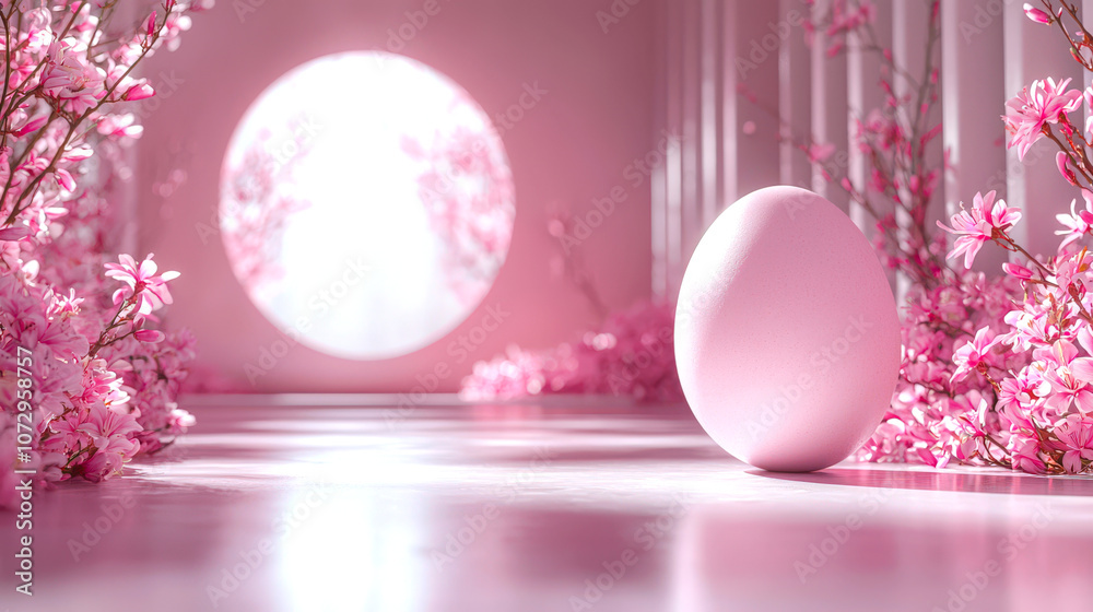 The concept of a holiday card on the theme of Easter. A pink room with a pink egg and pink flowers. The room is very beautiful and peaceful. A celebration of spring The concept of a holiday card on the theme of Easter. A pink room with a pink egg and pink flowers. The room is very beautiful and peaceful. A celebration of spring