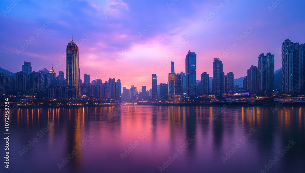 Cityscape at Dusk with Vibrant Sky and Water Reflections Cityscape at Dusk with Vibrant Sky and Water Reflections