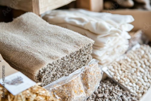 A close-up shot of a variety of natural, organic materials, including burlap fabric, seeds, and dried herbs. photo