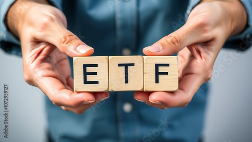 The acronym ETF for Exchange Traded Fund written on wooden dice a man is holding