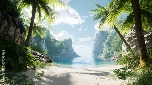 A tropical paradise with white sand, turquoise water, lush vegetation, and towering cliffs.