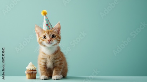 Cute Kitten Wearing Birthday Hat with Cupcake.