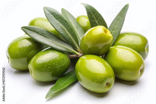 Wallpaper Mural Vibrant green olives with leaves showcased on a white background, offering high-resolution imagery ideal for culinary Torontodigital.ca