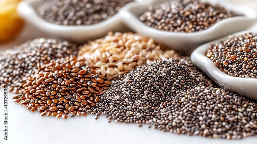 Geometric Arrangement of Chia,Flax,and Hemp Seeds on White Background Geometric Arrangement of Chia,Flax,and Hemp Seeds on White Background