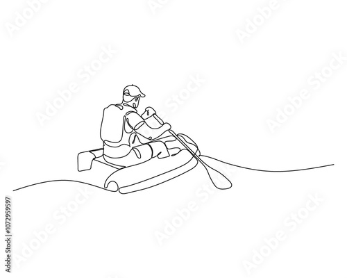 One-line drawing of a man kayaking on a calm river, enjoying a peaceful outdoor adventure