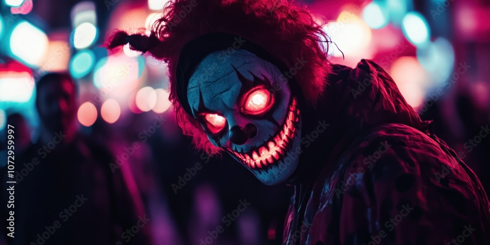 Creepy Clown Mask with Red Eyes at a Carnival Creepy Clown Mask with Red Eyes at a Carnival