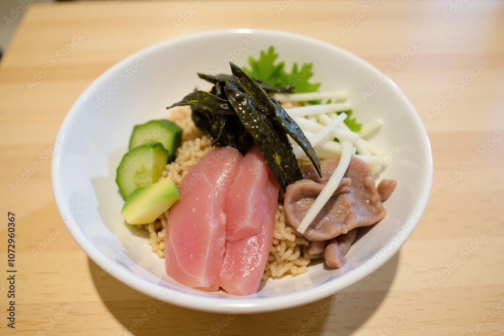 Delicious tuna rice bowl with fresh vegetables and seaweed garnish in white bowl Delicious tuna rice bowl with fresh vegetables and seaweed garnish in white bowl