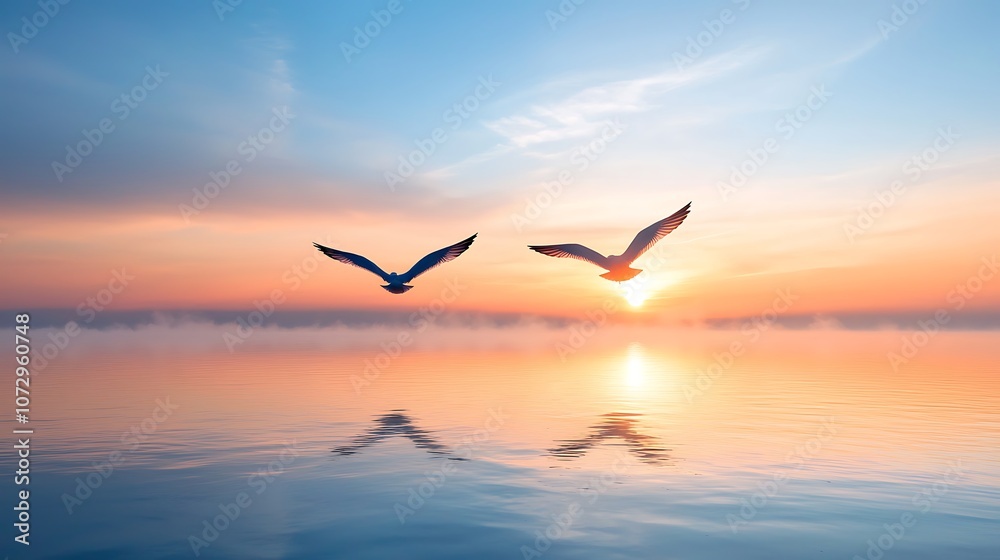 Fototapeta premium Seagulls gracefully soar over calm waters at sunrise capturing nature's tranquil beauty