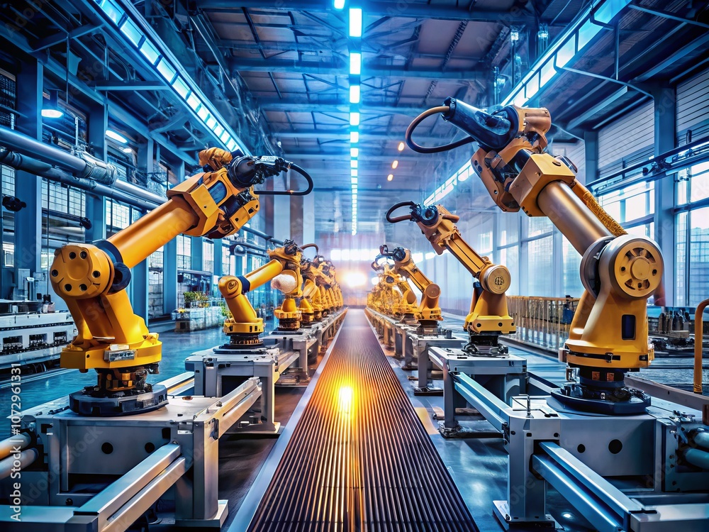 Advanced Futuristic Robotic Assembly Line with High Depth of Field Showcasing Cutting-Edge Technology in Manufacturing, Automation, and Precision Engineering Processes Advanced Futuristic Robotic Assembly Line with High Depth of Field Showcasing Cutting-Edge Technology in Manufacturing, Automation, and Precision Engineering Processes