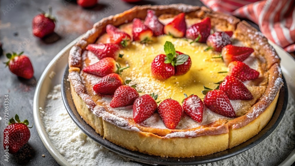 Sweet Pastry Delight A Golden Crust Encased with Creamy Filling, Delicately Dressed with Fresh Strawberries and a Light Powdering of Sugar Sweet Pastry Delight A Golden Crust Encased with Creamy Filling, Delicately Dressed with Fresh Strawberries and a Light Powdering of Sugar