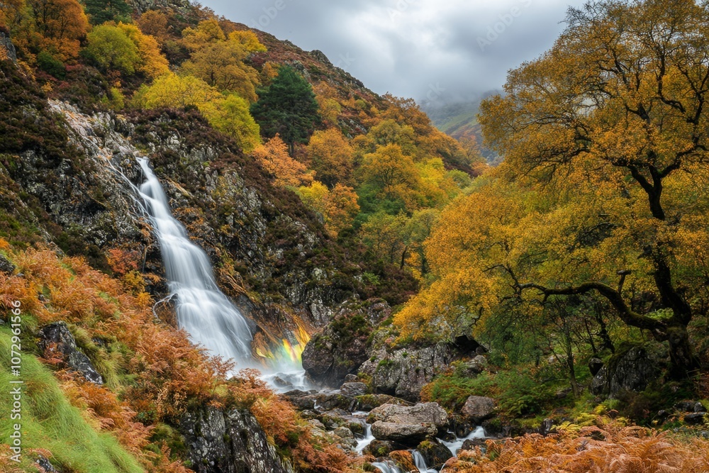 Glimmering waterfall flows through scenic autumn landscape. Vibrant fall foliage creates a cozy atmosphere. Perfect for relaxation and nature inspiration. Generative AI Glimmering waterfall flows through scenic autumn landscape. Vibrant fall foliage creates a cozy atmosphere. Perfect for relaxation and nature inspiration. Generative AI