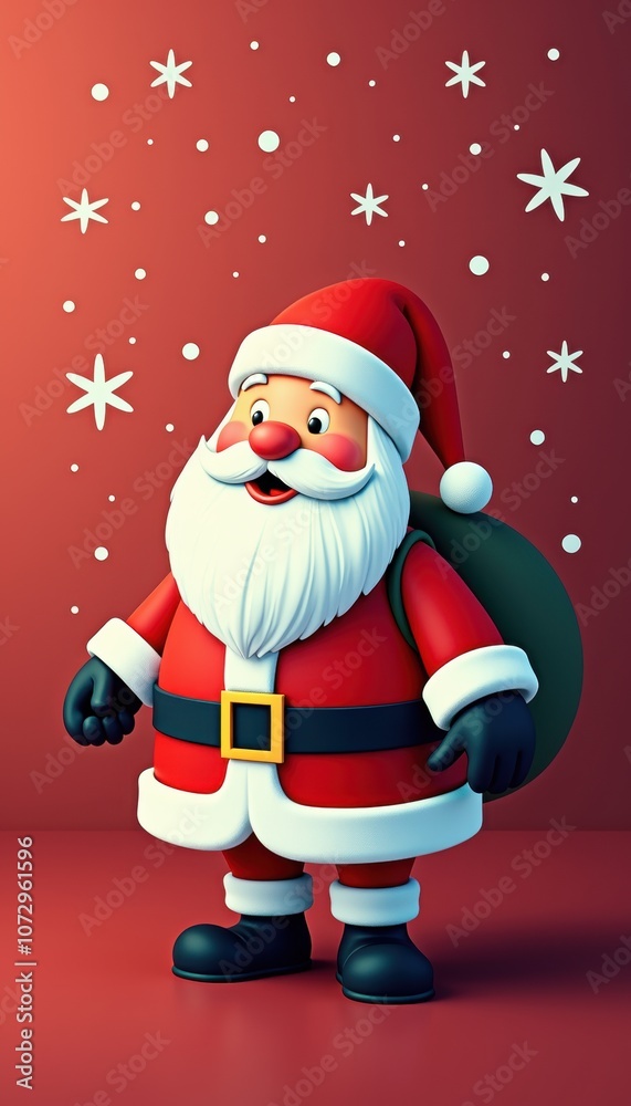 Fototapeta premium Cheerful cartoon Santa Claus with a sack of gifts, surrounded by snowflakes, perfect for holiday promotions and festive designs.