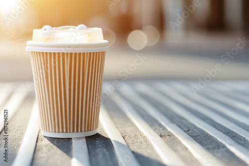 Coffee cup on urban pavement, morning sunlight. photo