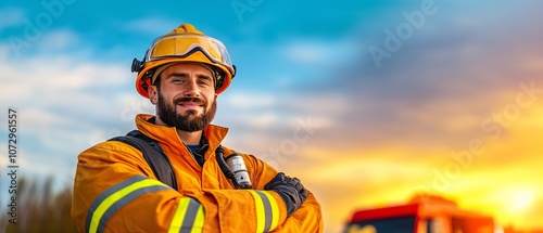 Confident firefighter ready for action in the sunset