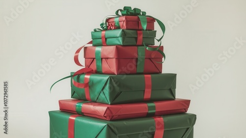 Stack of Christmas Gifts Wrapped in Green and Red