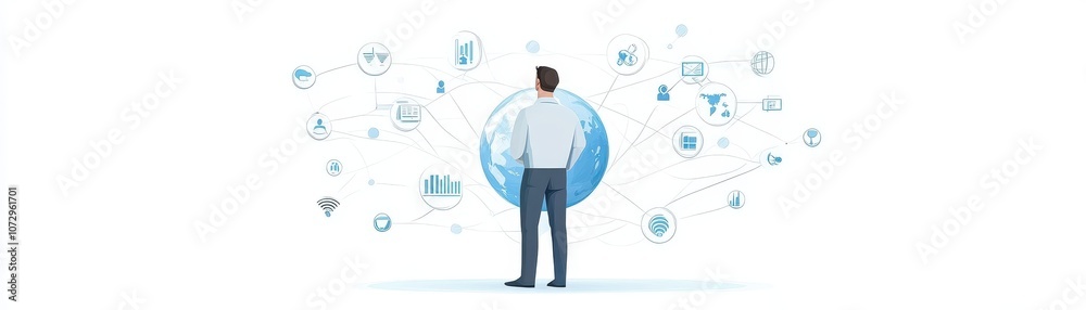 A man stands in front of a globe with many different icons and symbols A man stands in front of a globe with many different icons and symbols