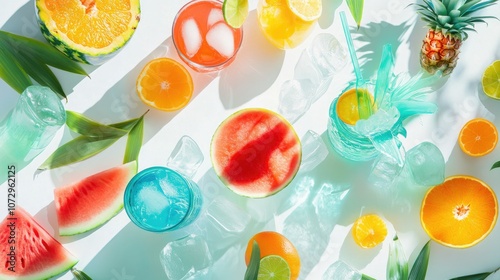 Minimal summer flat lay with bright tropical fruits and refreshing drinks on a white background. Colorful composition with pineapple, watermelon, and oranges.