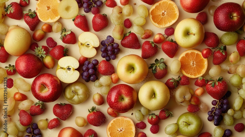 Overhead view of a mixed fruit flat lay. Apples, strawberries, and grapes create a colorful, balanced scene on light background. Overhead view of a mixed fruit flat lay. Apples, strawberries, and grapes create a colorful, balanced scene on light background.